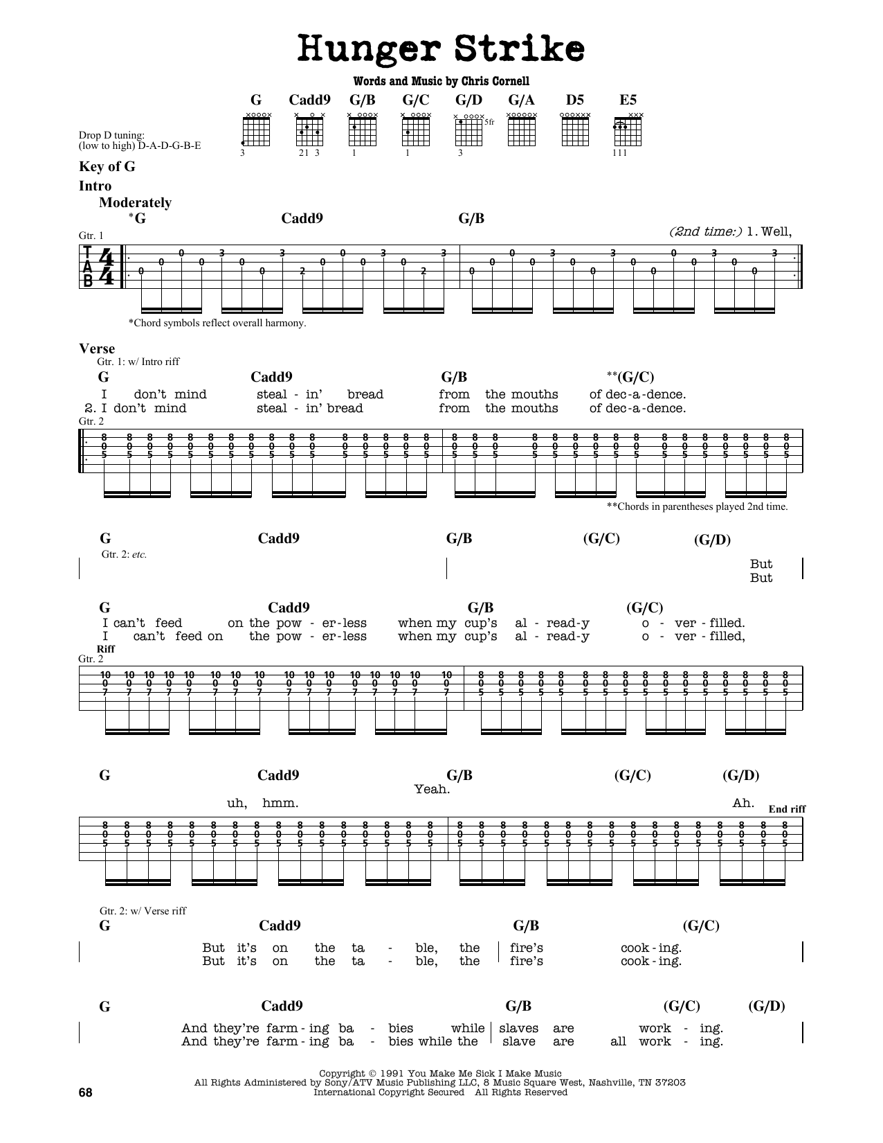 Chris Cornell Hunger Strike sheet music notes and chords arranged for Guitar Lead Sheet