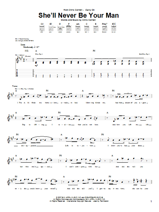 Chris Cornell She'll Never Be Your Man sheet music notes and chords arranged for Guitar Tab