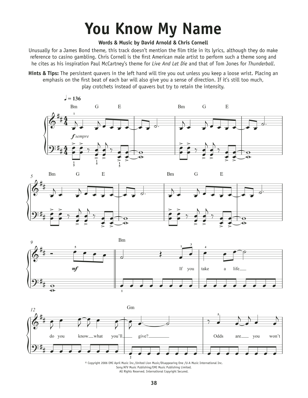 Chris Cornell You Know My Name (from Casino Royale) sheet music notes and chords arranged for Really Easy Piano