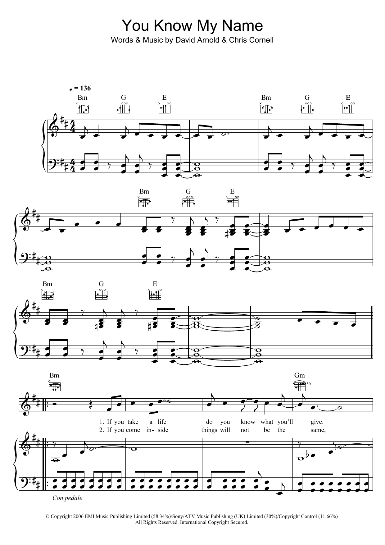 Chris Cornell You Know My Name (theme from James Bond: Casino Royale) sheet music notes and chords arranged for Beginner Piano