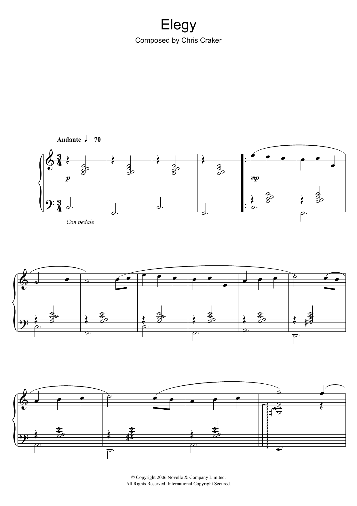 Chris Craker Elegy sheet music notes and chords arranged for Piano Solo