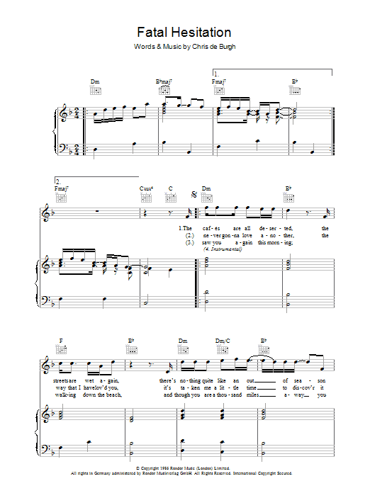 Chris de Burgh Fatal Hesitation sheet music notes and chords arranged for Piano, Vocal & Guitar Chords