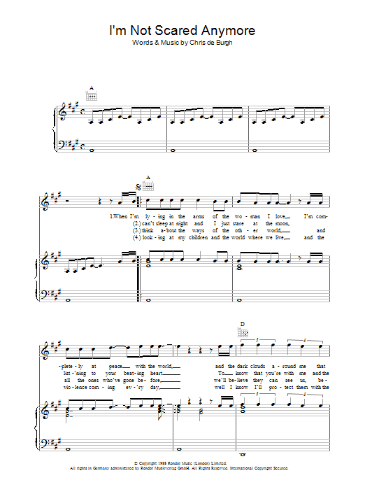 Chris de Burgh I'm Not Scared Anymore sheet music notes and chords arranged for Piano, Vocal & Guitar Chords