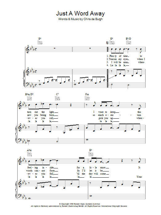 Chris de Burgh Just A Word Away sheet music notes and chords arranged for Piano, Vocal & Guitar Chords