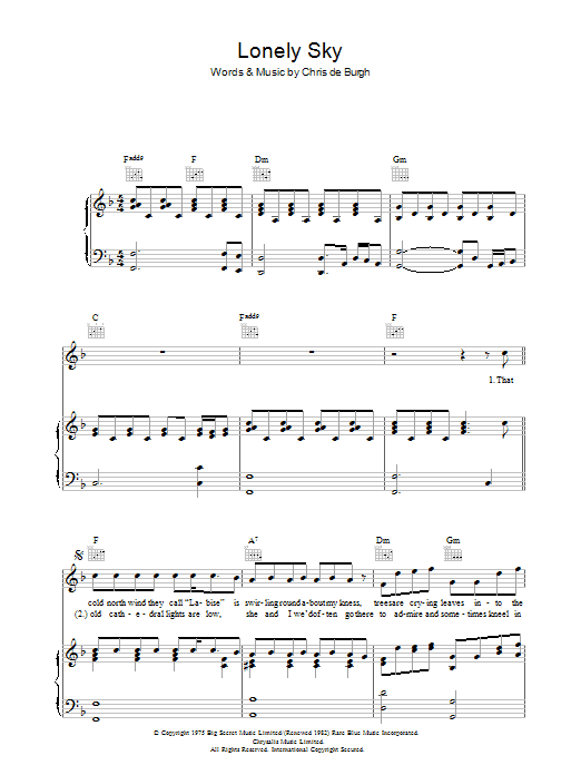 Chris de Burgh Lonely Sky sheet music notes and chords arranged for Piano, Vocal & Guitar Chords