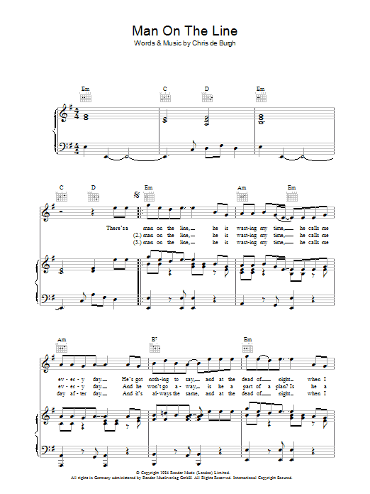 Chris de Burgh Man On The Line sheet music notes and chords arranged for Piano, Vocal & Guitar Chords
