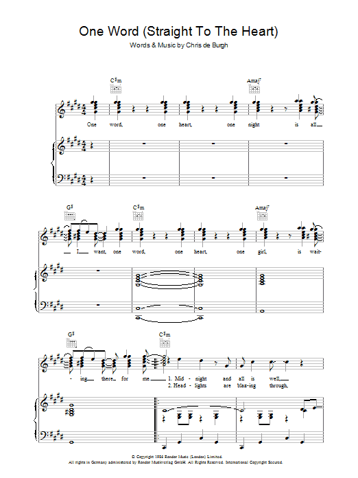 Chris de Burgh One Word (Straight To The Heart) sheet music notes and chords arranged for Piano, Vocal & Guitar Chords
