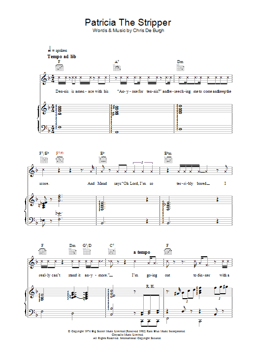 Chris de Burgh Patricia The Stripper sheet music notes and chords arranged for Piano, Vocal & Guitar Chords