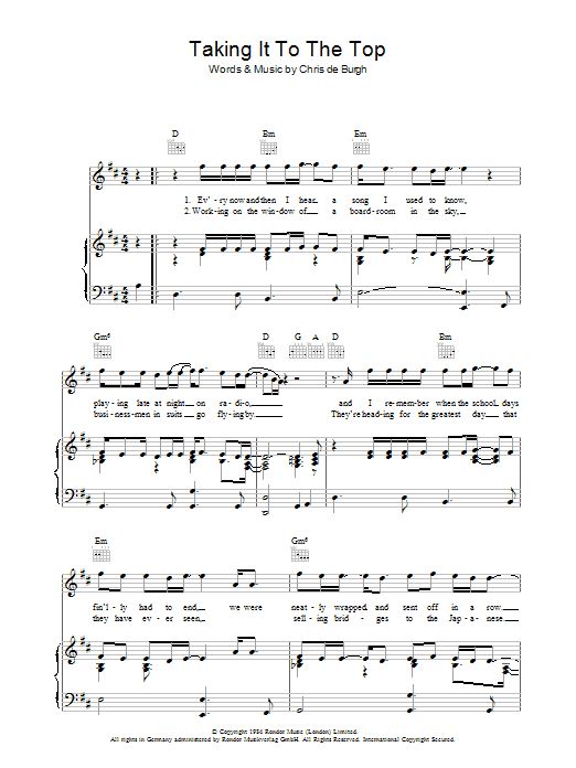 Chris de Burgh Taking It To The Top sheet music notes and chords arranged for Piano, Vocal & Guitar Chords