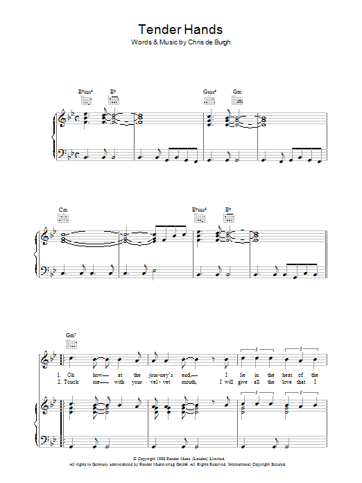 Chris de Burgh Tender Hands sheet music notes and chords arranged for Piano, Vocal & Guitar Chords