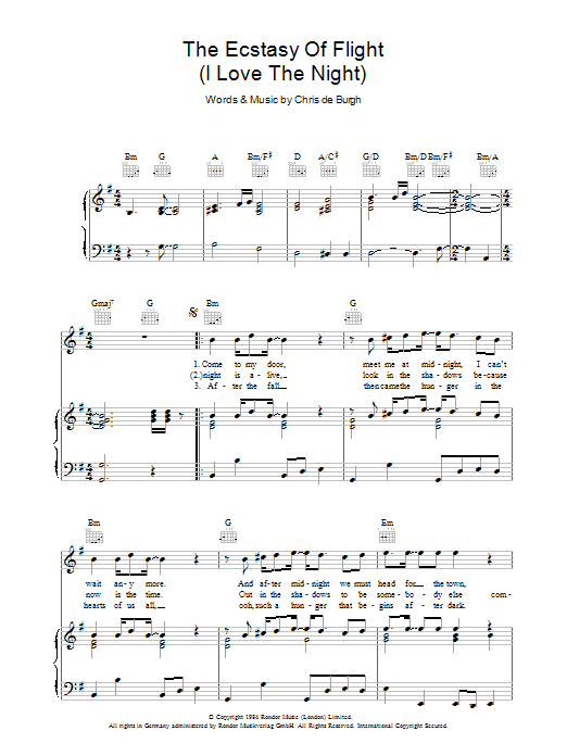 Chris de Burgh The Ecstasy Of Flight (I Love The Night) sheet music notes and chords arranged for Piano, Vocal & Guitar Chords