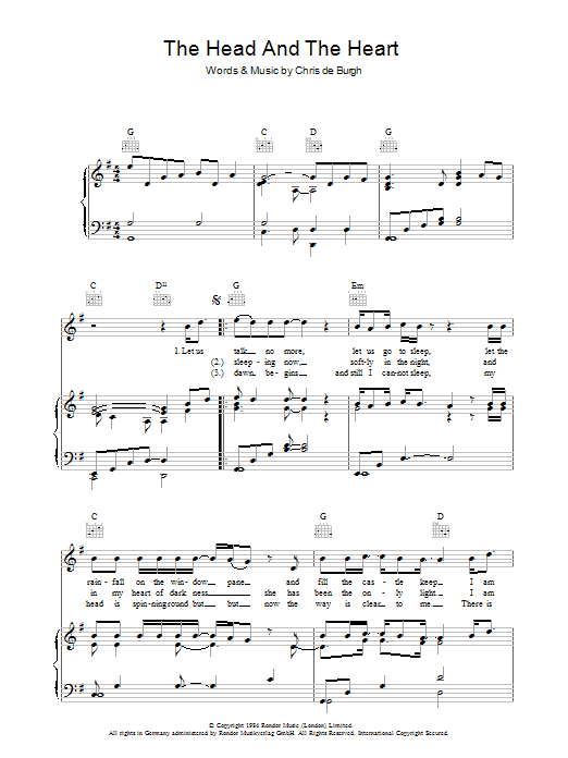 Chris de Burgh The Head And The Heart sheet music notes and chords arranged for Piano, Vocal & Guitar Chords