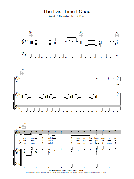 Chris de Burgh The Last Time I Cried sheet music notes and chords arranged for Piano, Vocal & Guitar Chords