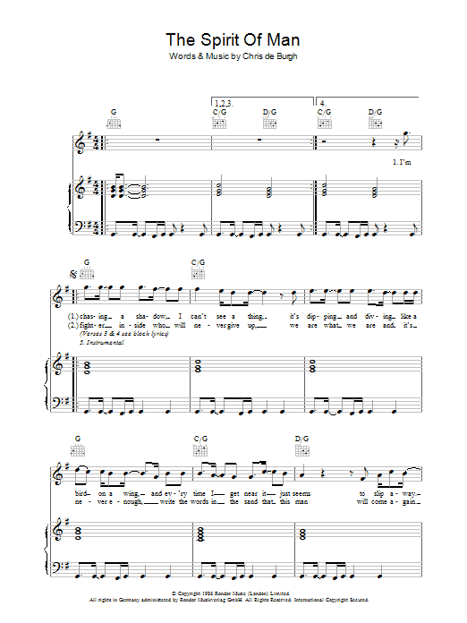 Chris de Burgh The Spirit Of Man sheet music notes and chords arranged for Piano, Vocal & Guitar Chords