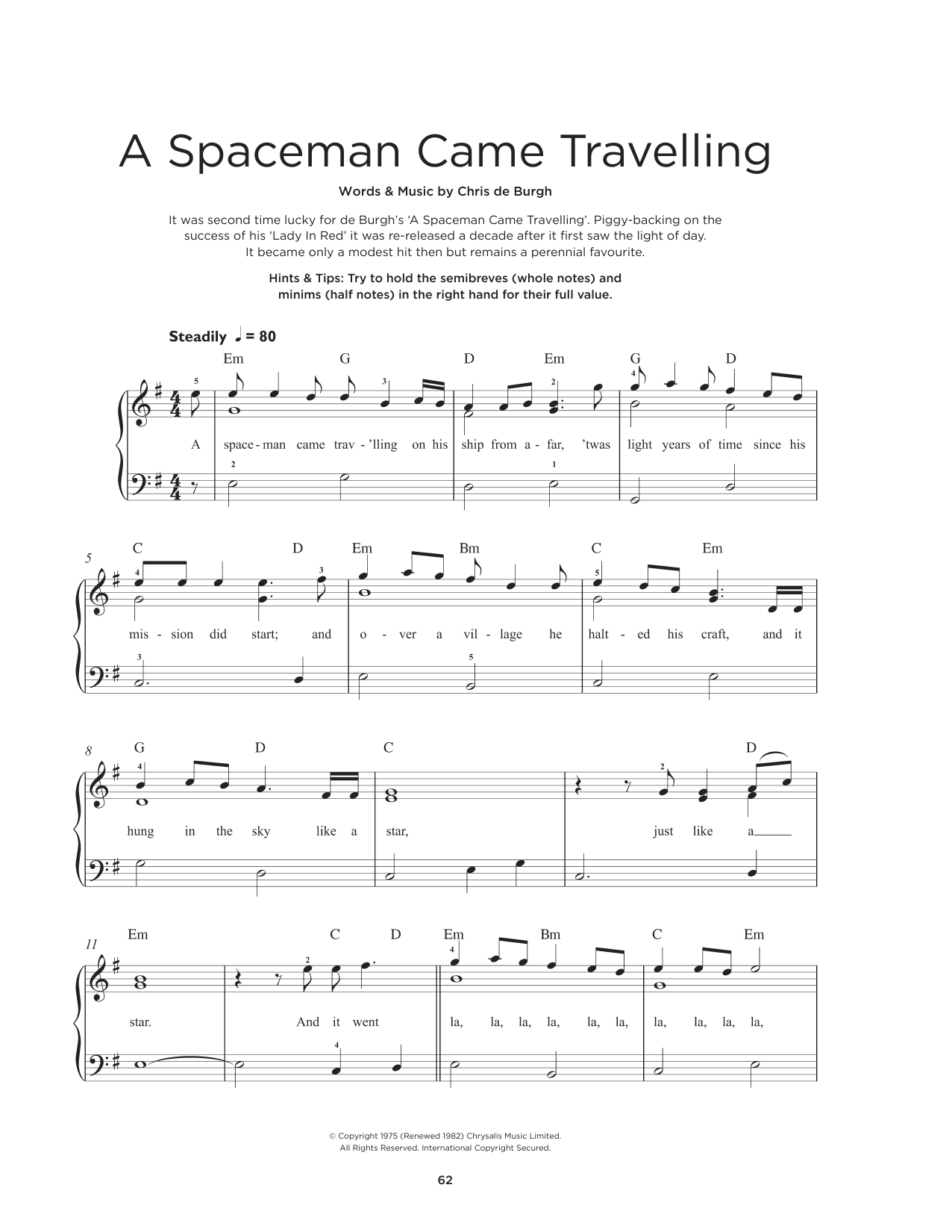 Chris DeBurgh A Spaceman Came Travelling sheet music notes and chords arranged for Really Easy Piano