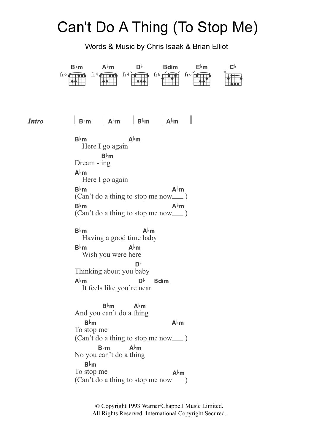 Chris Isaak Can't Do A Thing (To Stop Me) sheet music notes and chords arranged for Guitar Chords/Lyrics