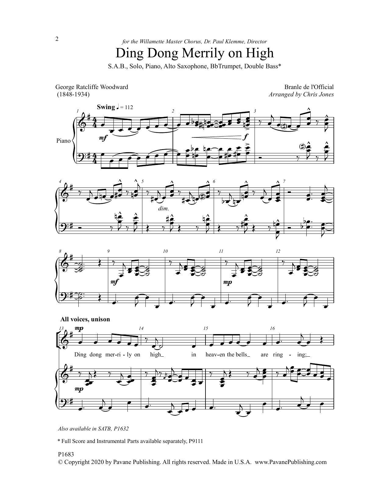 Chris Jones Ding Dong Merrily on High sheet music notes and chords arranged for SAB Choir