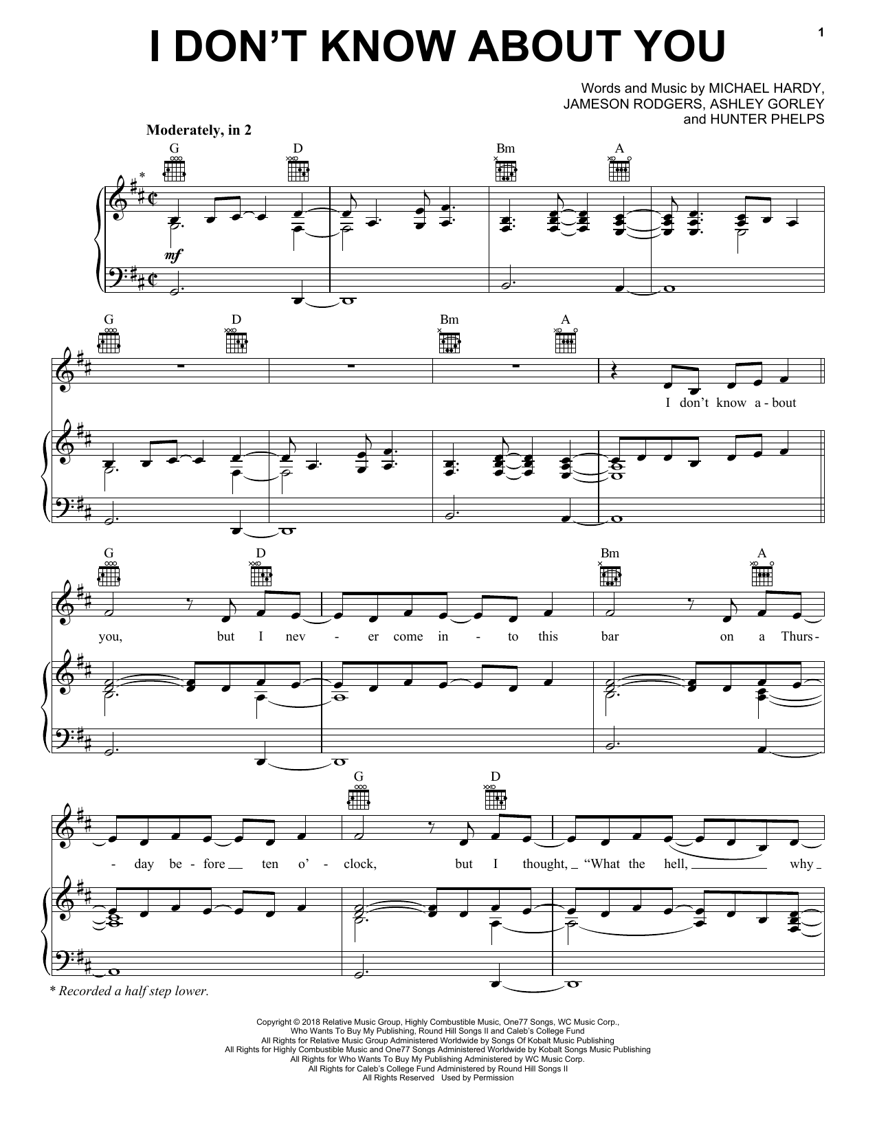 Chris Lane I Don't Know About You sheet music notes and chords arranged for Piano, Vocal & Guitar Chords (Right-Hand Melody)