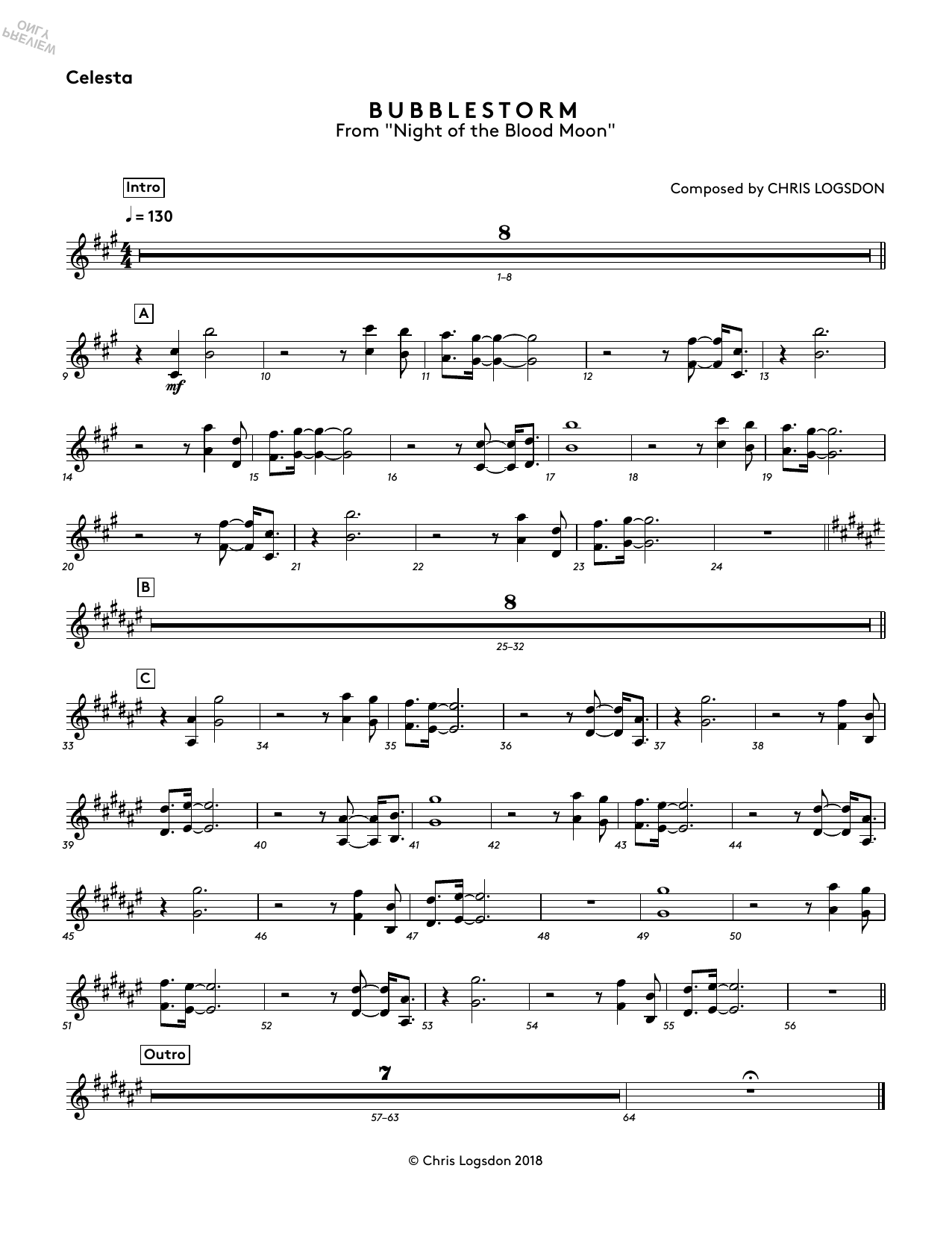 Chris Logsdon Bubblestorm (from Night of the Blood Moon) - Celesta sheet music notes and chords arranged for Performance Ensemble