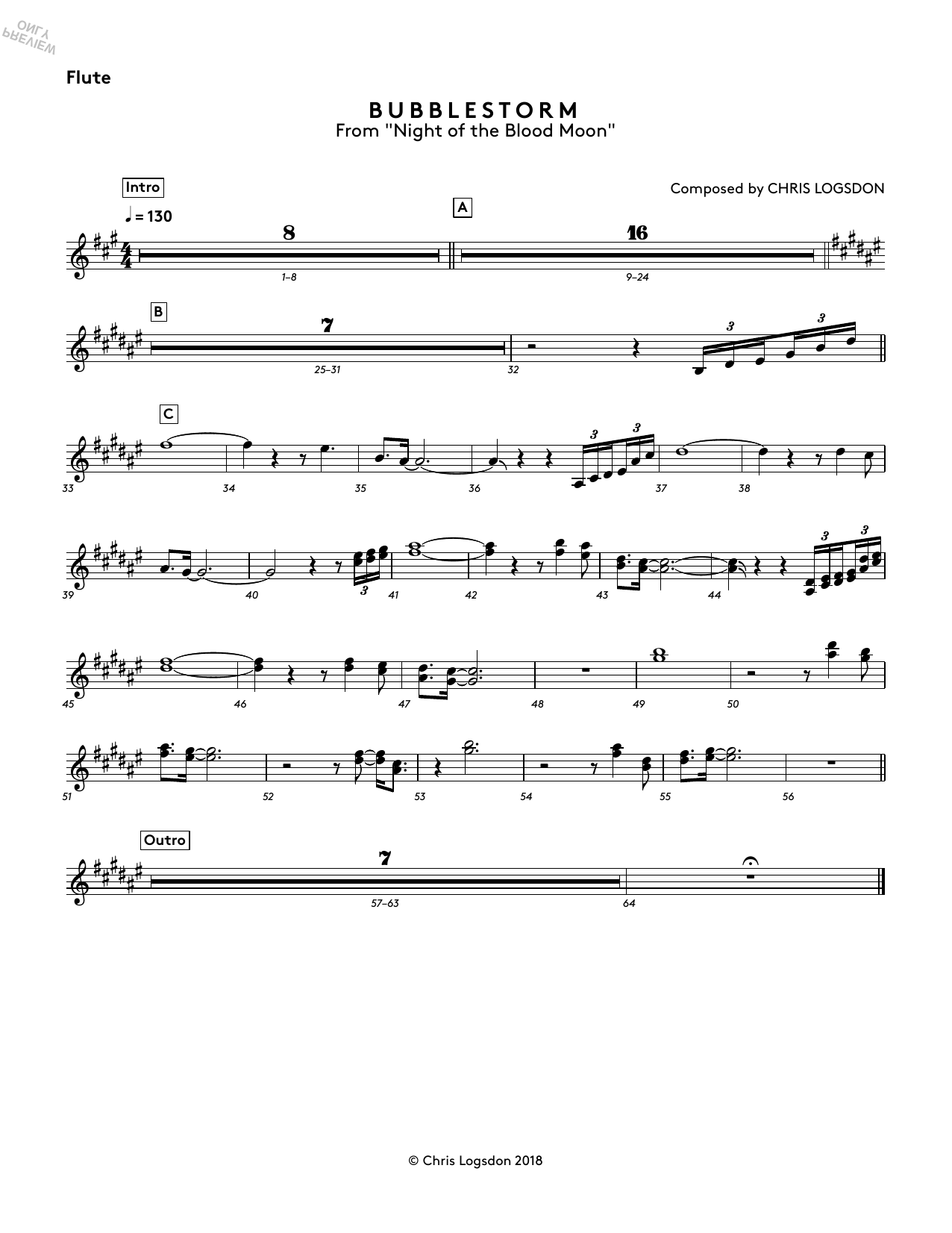 Chris Logsdon Bubblestorm (from Night of the Blood Moon) - Flute sheet music notes and chords arranged for Performance Ensemble