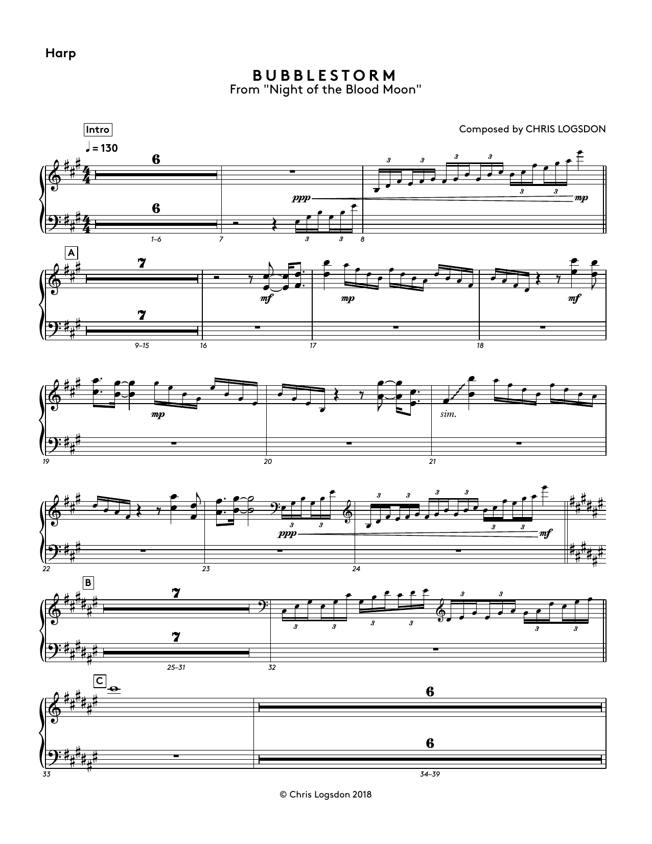Chris Logsdon Bubblestorm (from Night of the Blood Moon) - Harp sheet music notes and chords arranged for Performance Ensemble