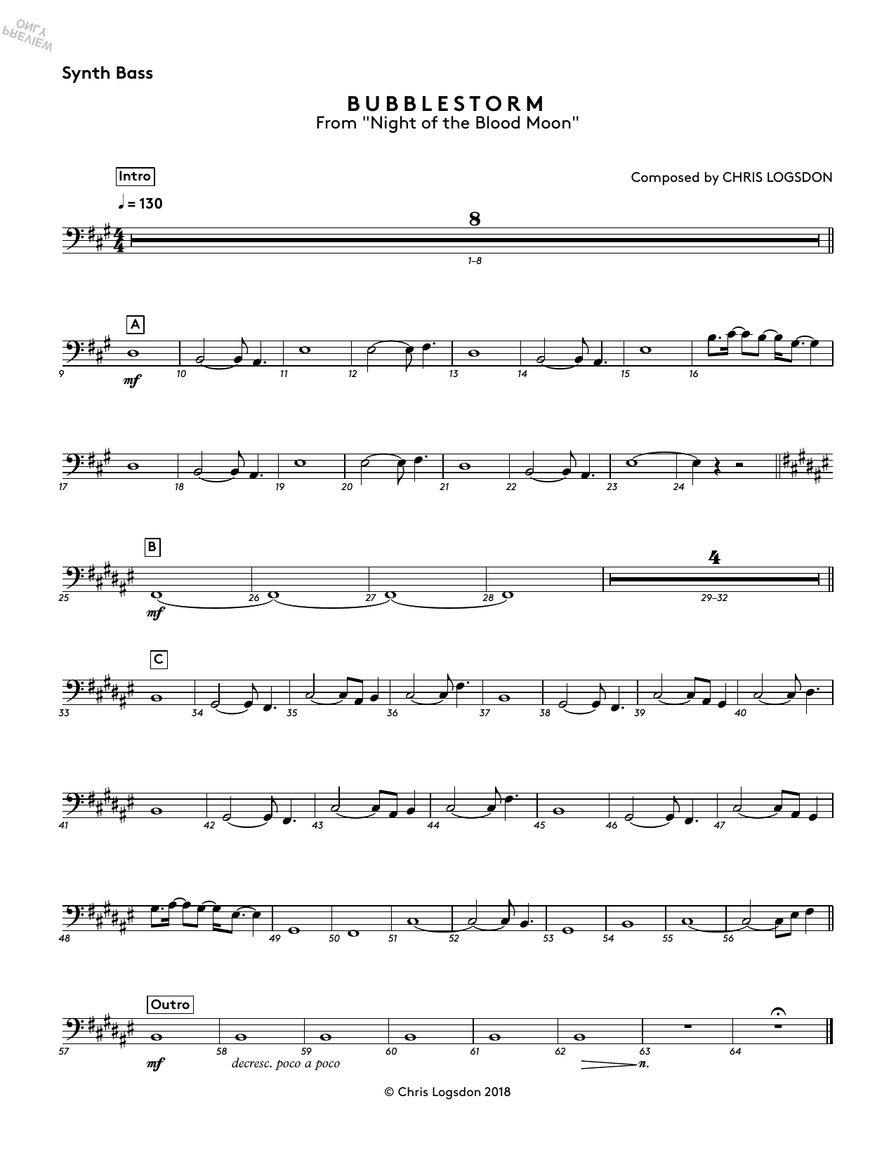 Chris Logsdon Bubblestorm (from Night of the Blood Moon) - Synth. Bass sheet music notes and chords arranged for Performance Ensemble