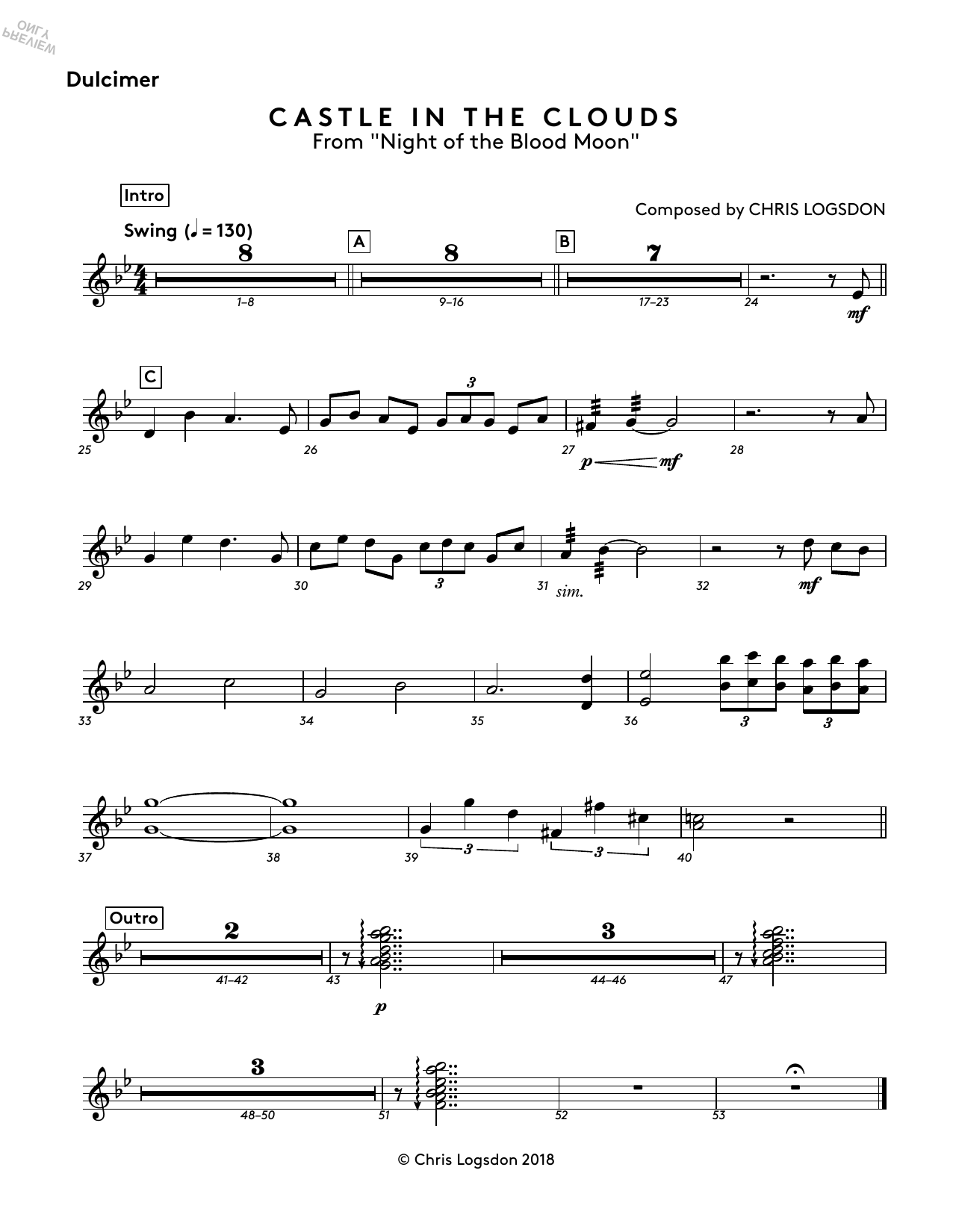 Chris Logsdon Castle In The Clouds (from Night of the Blood Moon) - Dulcimer sheet music notes and chords arranged for Performance Ensemble