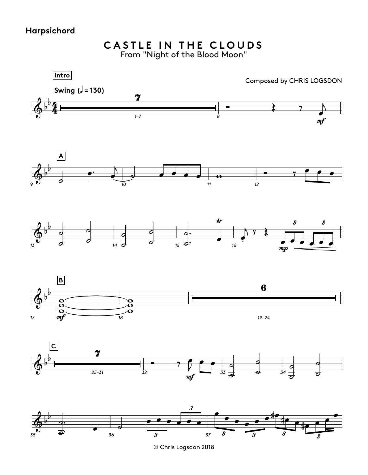 Chris Logsdon Castle In The Clouds (from Night of the Blood Moon) - Harpsichord sheet music notes and chords arranged for Performance Ensemble