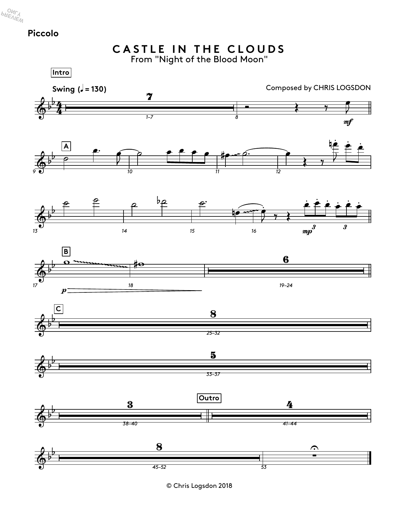 Chris Logsdon Castle In The Clouds (from Night of the Blood Moon) - Piccolo sheet music notes and chords arranged for Performance Ensemble