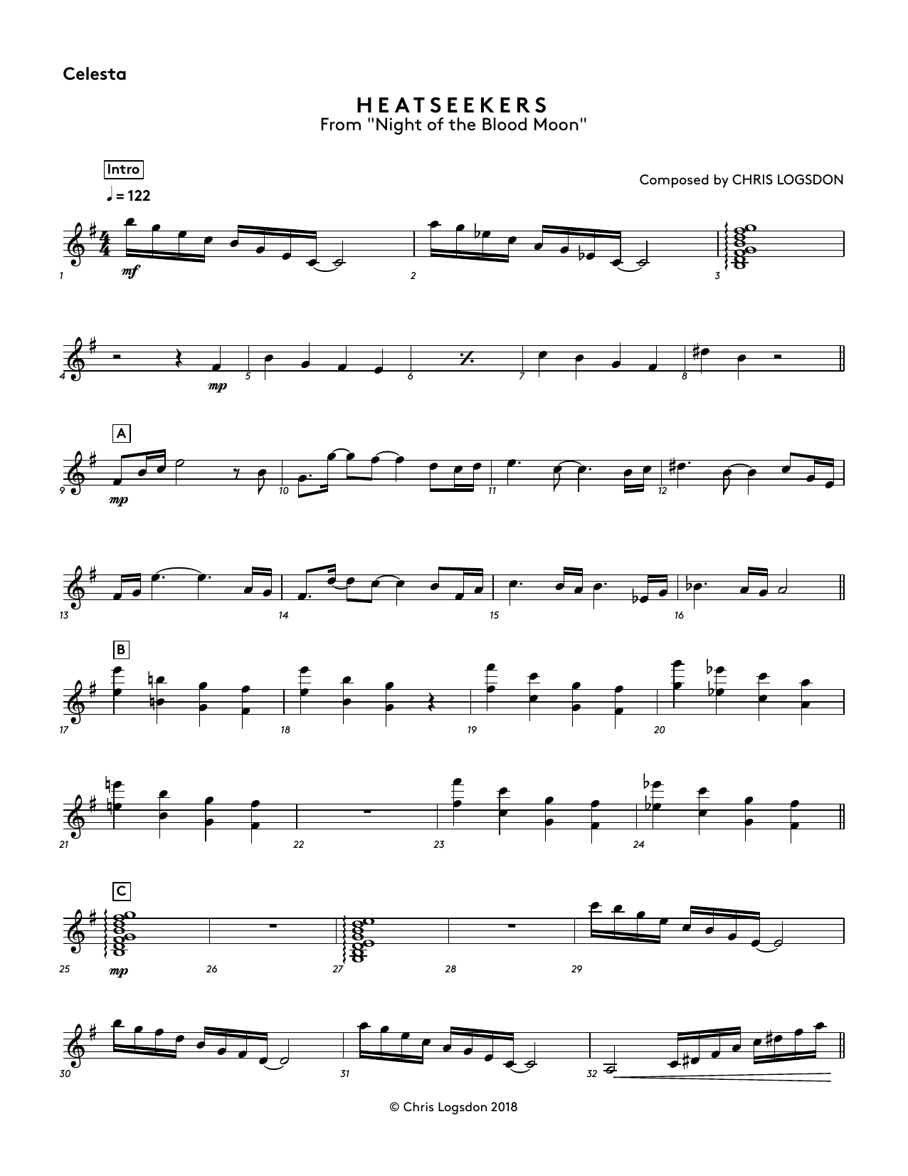 Chris Logsdon Heatseekers (from Night of the Blood Moon) - Celesta sheet music notes and chords arranged for Performance Ensemble