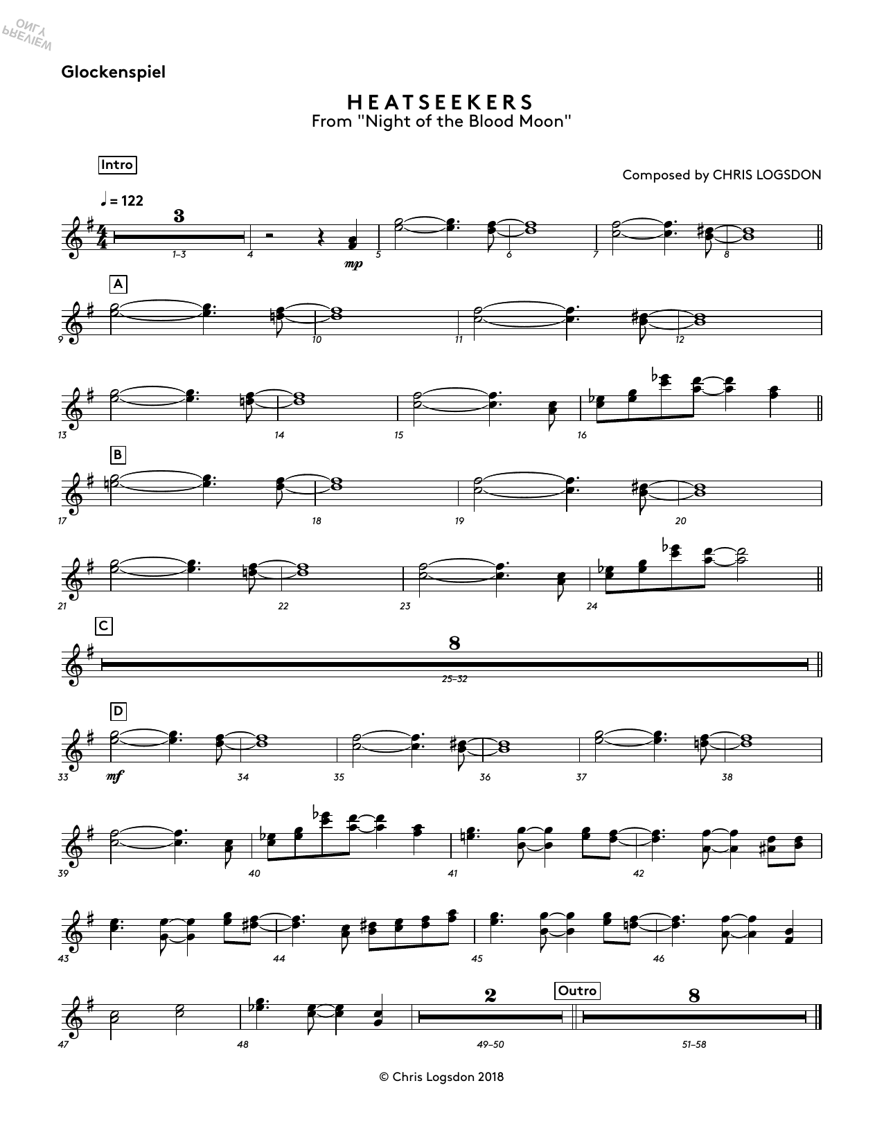 Chris Logsdon Heatseekers (from Night of the Blood Moon) - Glockenspiel sheet music notes and chords arranged for Performance Ensemble