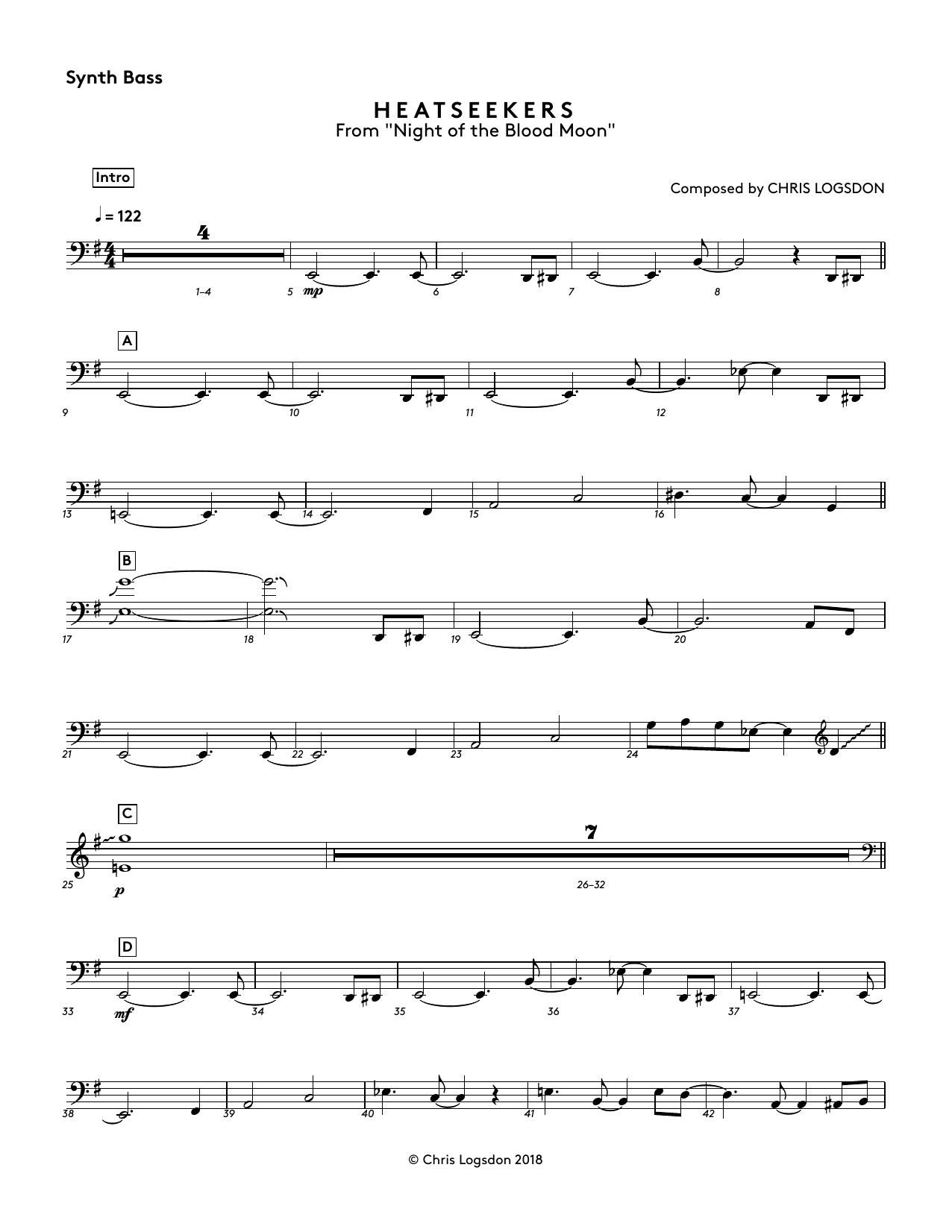 Chris Logsdon Heatseekers (from Night of the Blood Moon) - Synth. Bass sheet music notes and chords arranged for Performance Ensemble