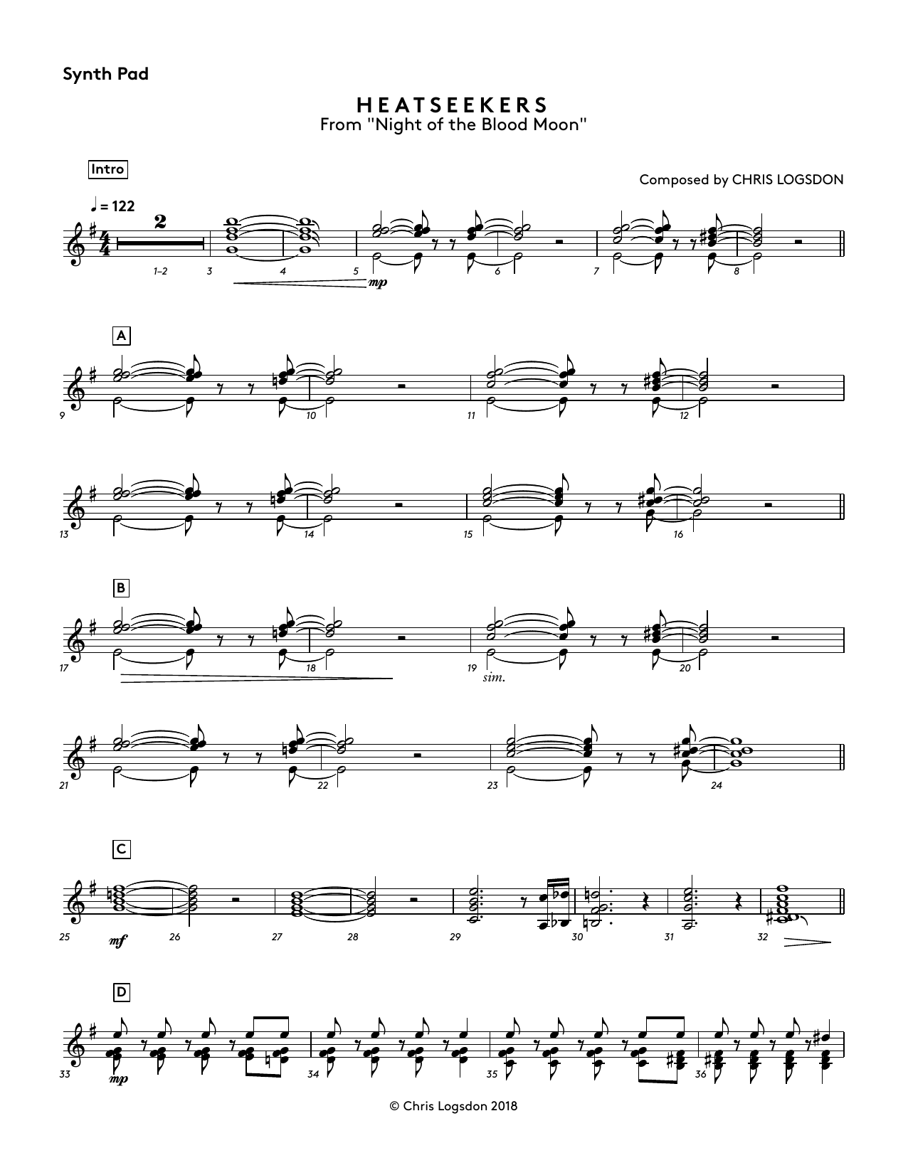 Chris Logsdon Heatseekers (from Night of the Blood Moon) - Synth Pad sheet music notes and chords arranged for Performance Ensemble