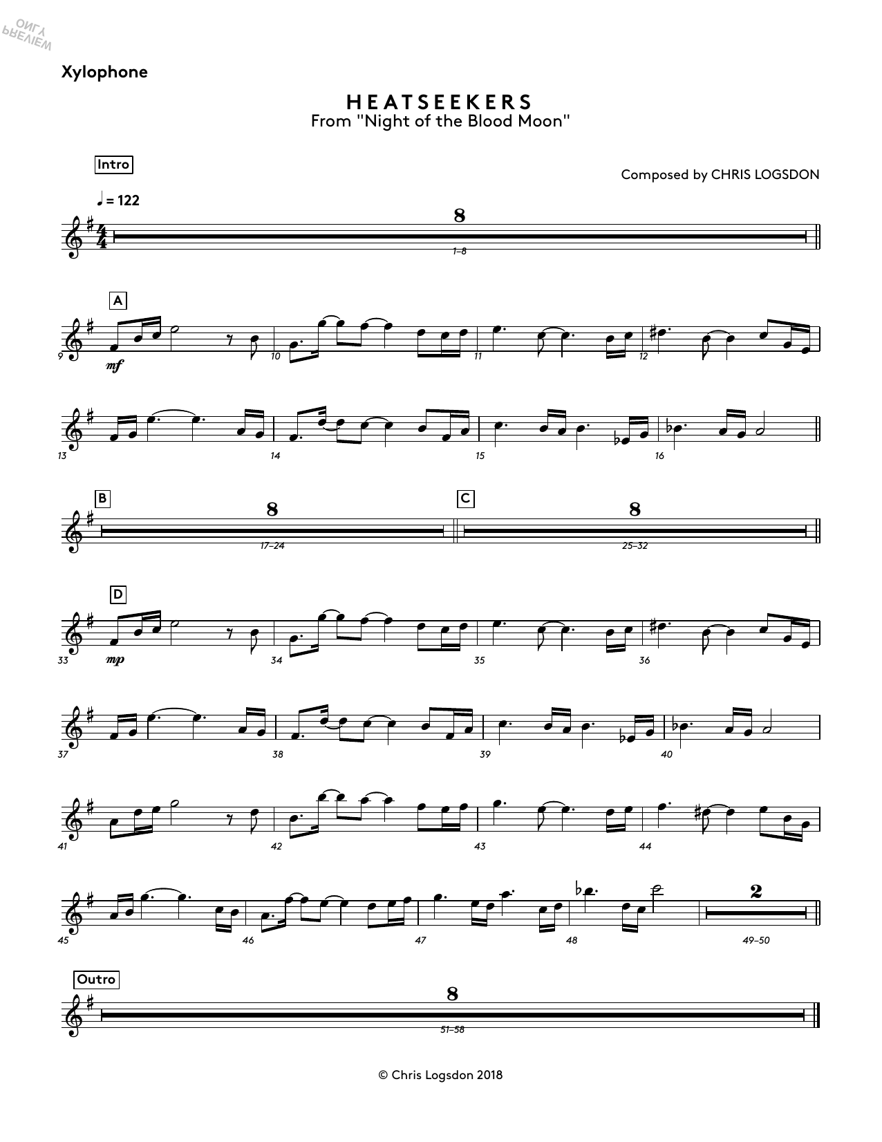 Chris Logsdon Heatseekers (from Night of the Blood Moon) - Xylophone sheet music notes and chords arranged for Performance Ensemble