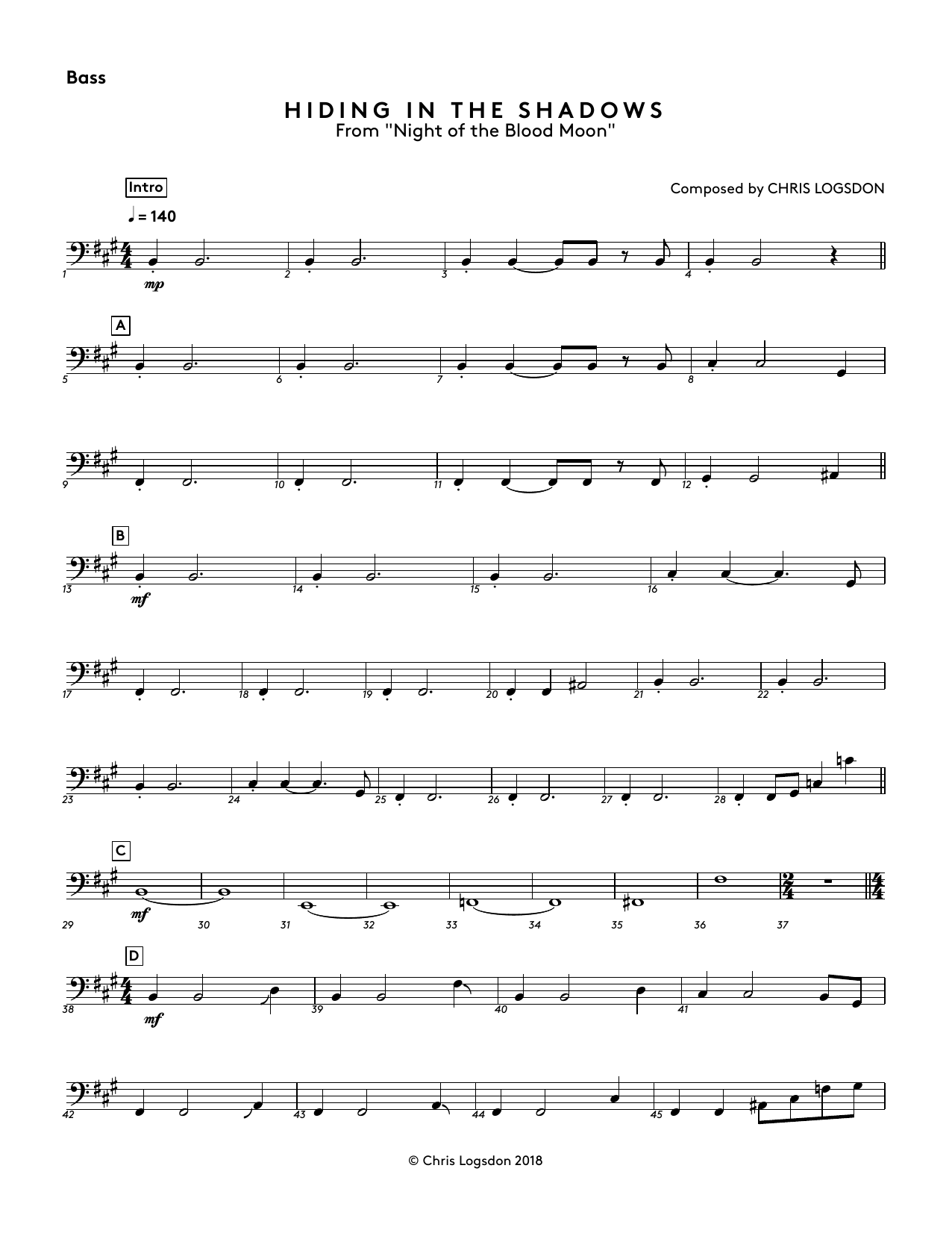 Chris Logsdon Hiding In The Shadows (from Night of the Blood Moon) - Bass sheet music notes and chords arranged for Performance Ensemble