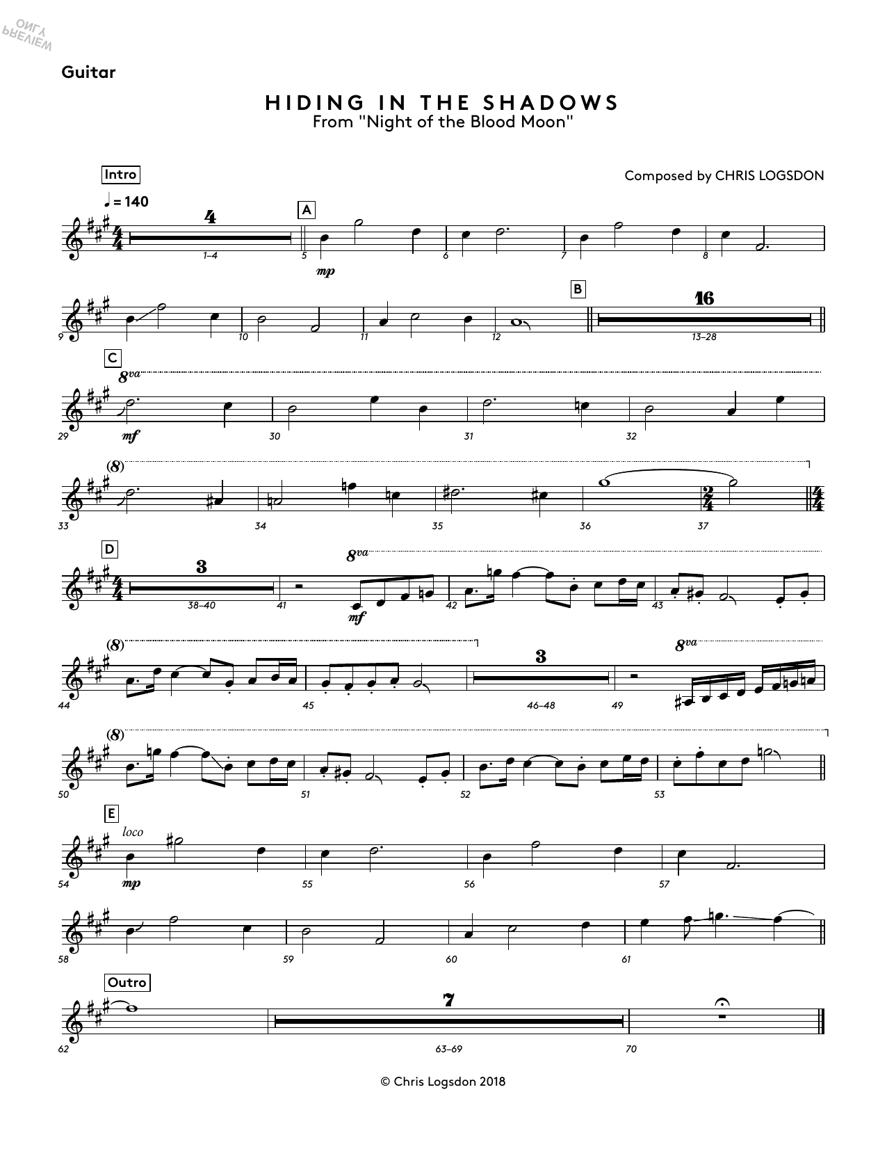 Chris Logsdon Hiding In The Shadows (from Night of the Blood Moon) - Guitar sheet music notes and chords arranged for Performance Ensemble