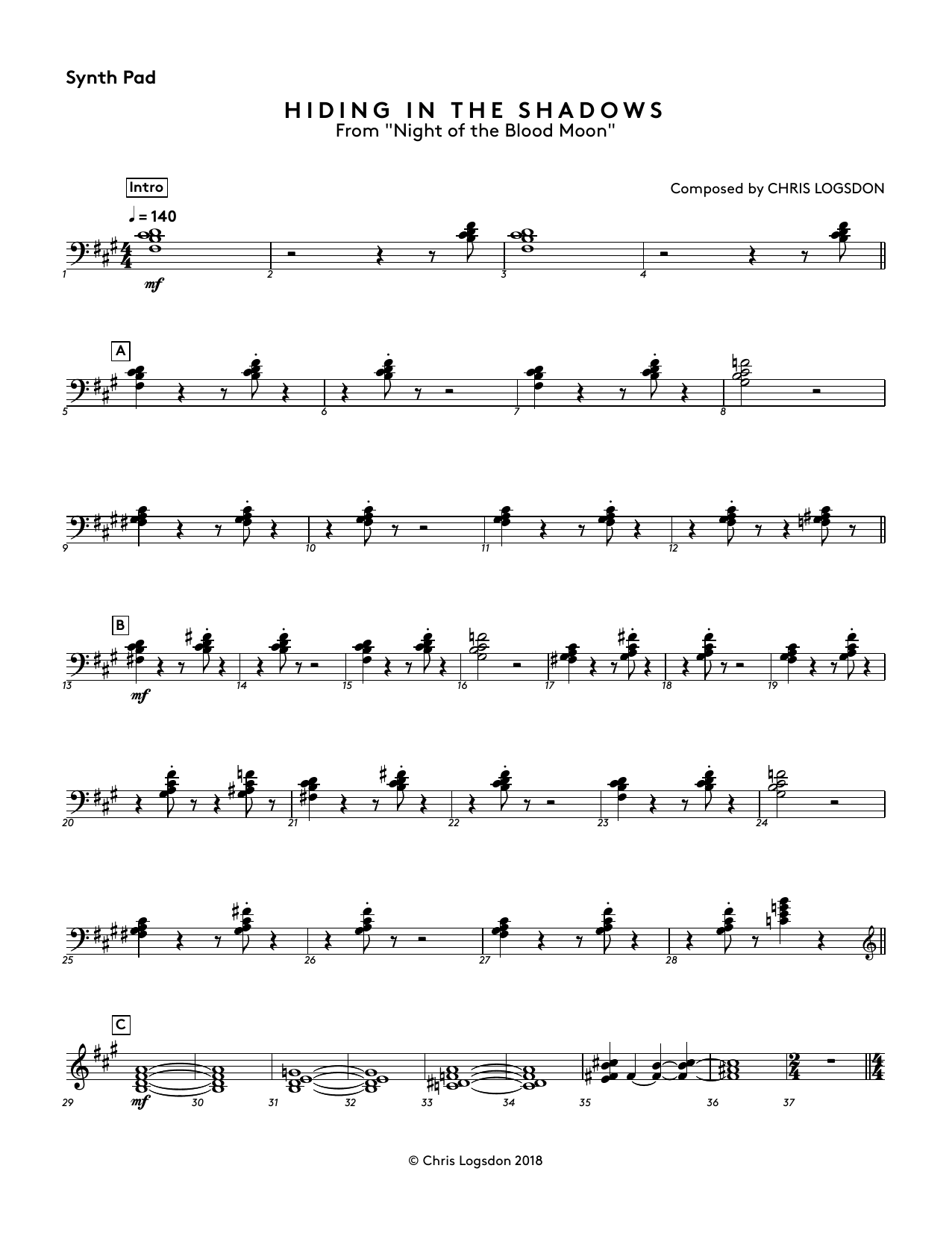 Chris Logsdon Hiding In The Shadows (from Night of the Blood Moon) - Synth Pad sheet music notes and chords arranged for Performance Ensemble