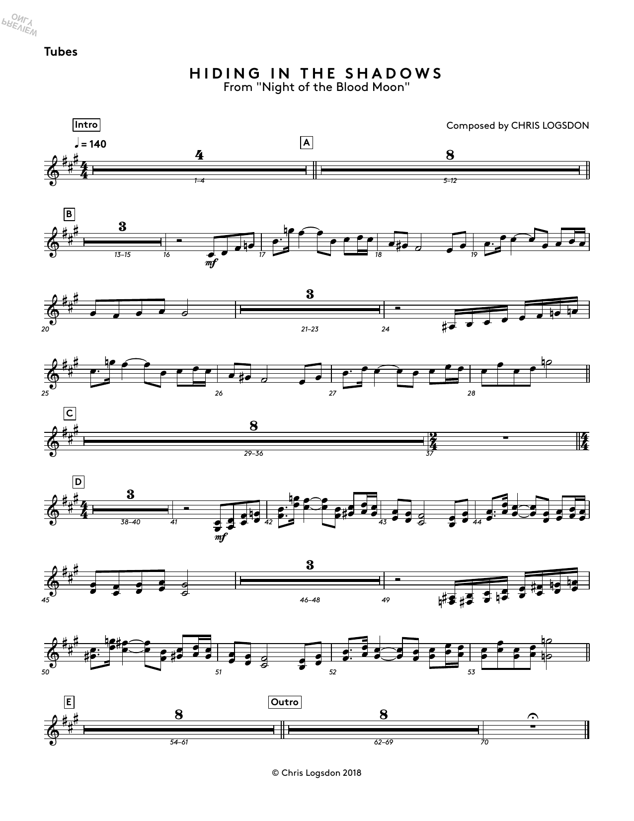Chris Logsdon Hiding In The Shadows (from Night of the Blood Moon) - Tubes sheet music notes and chords arranged for Performance Ensemble