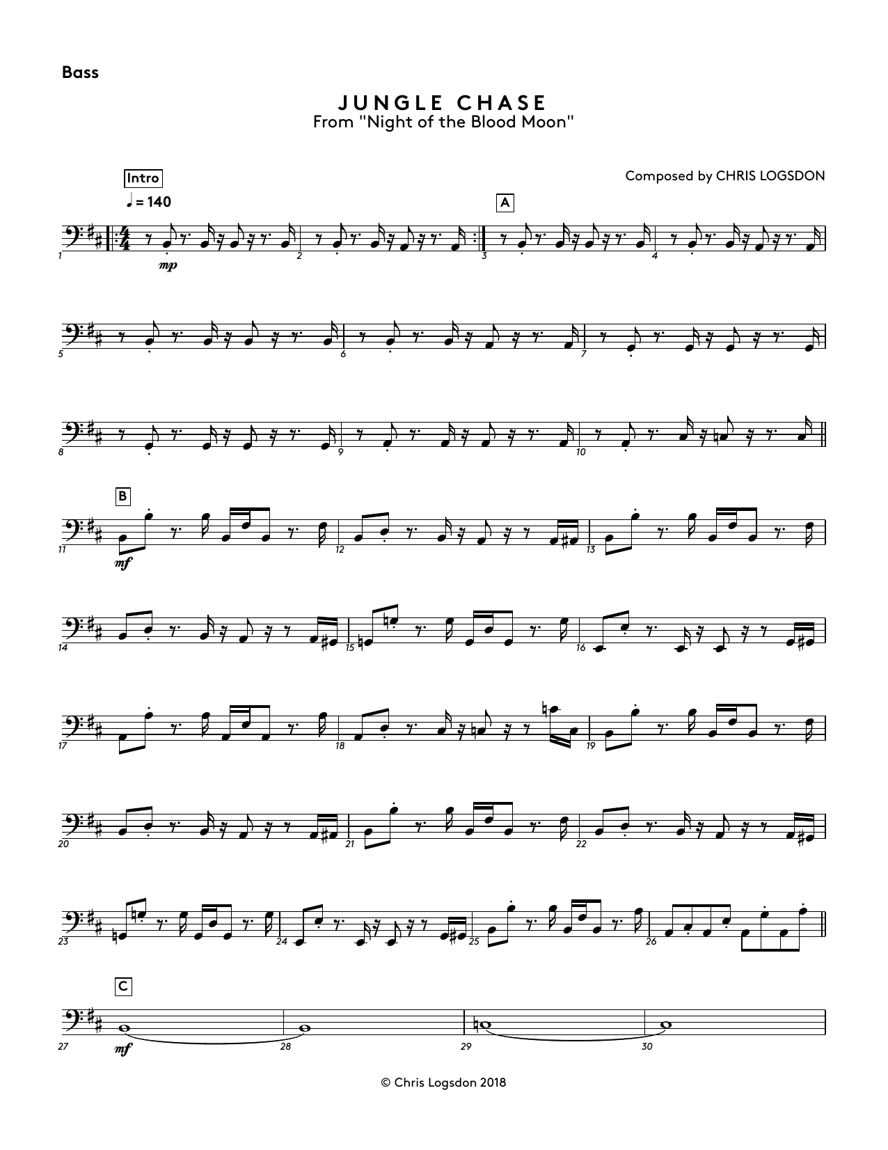 Chris Logsdon Jungle Chase (from Night of the Blood Moon) - Bass sheet music notes and chords arranged for Performance Ensemble
