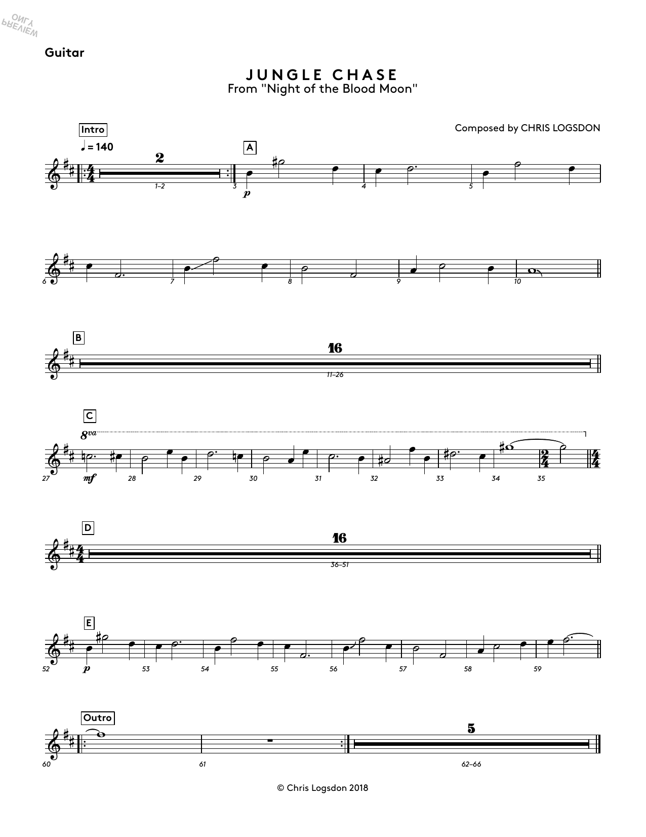Chris Logsdon Jungle Chase (from Night of the Blood Moon) - Guitar sheet music notes and chords arranged for Performance Ensemble