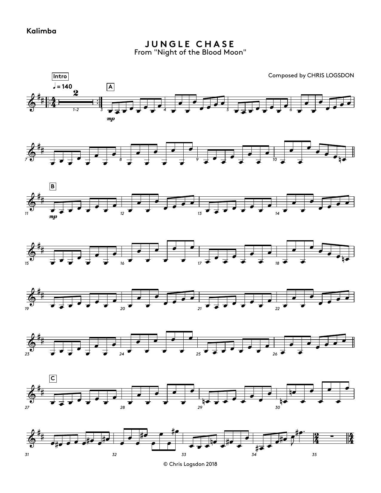 Chris Logsdon Jungle Chase (from Night of the Blood Moon) - Kalimba sheet music notes and chords arranged for Performance Ensemble