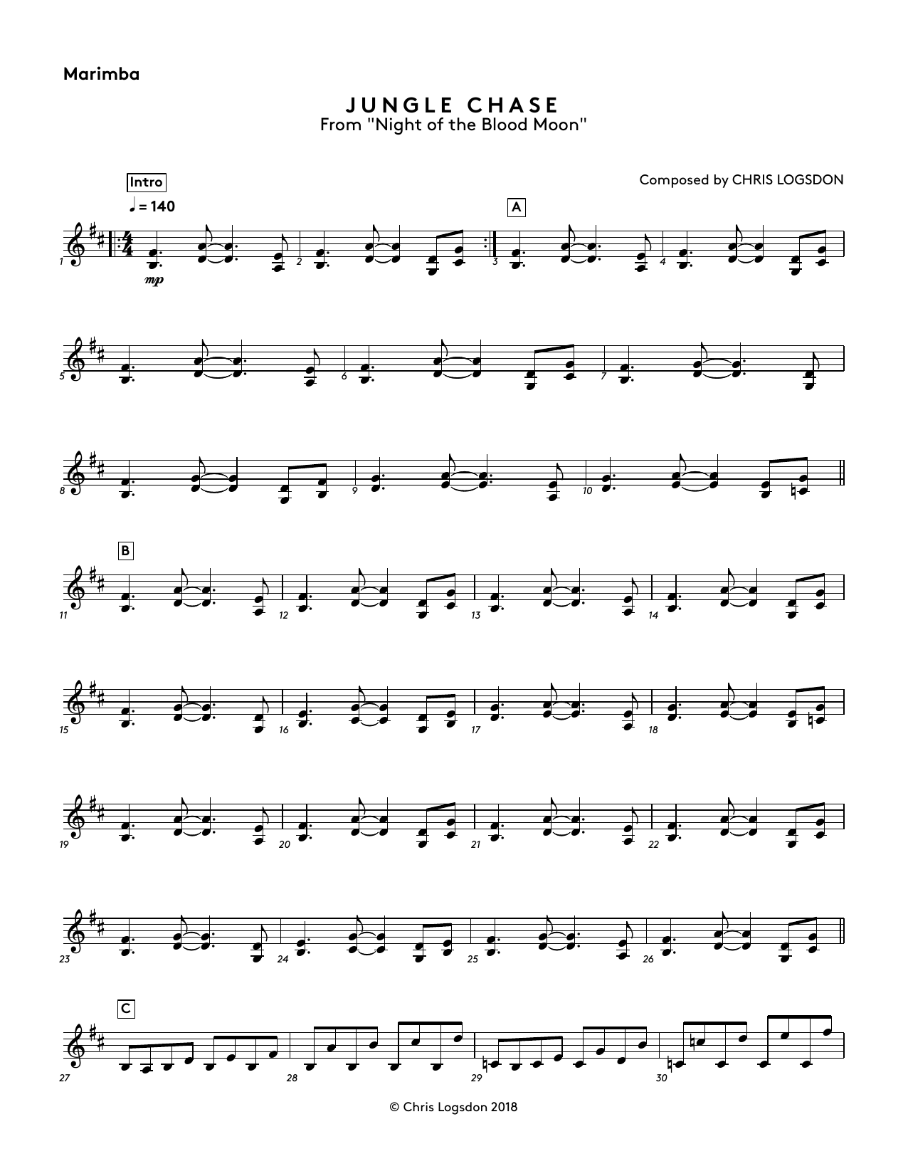 Chris Logsdon Jungle Chase (from Night of the Blood Moon) - Marimba sheet music notes and chords arranged for Performance Ensemble