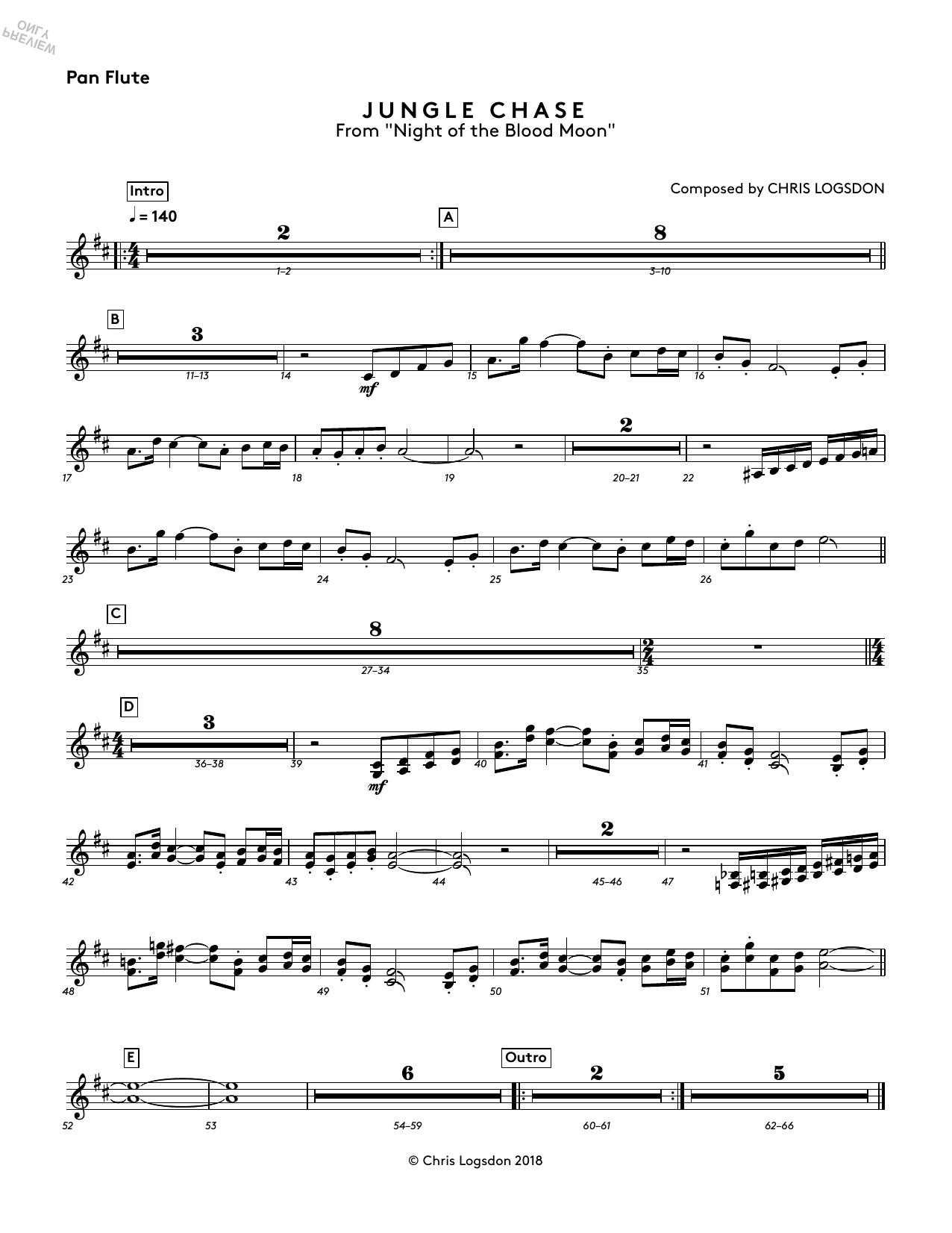 Chris Logsdon Jungle Chase (from Night of the Blood Moon) - Pan Flute sheet music notes and chords arranged for Performance Ensemble