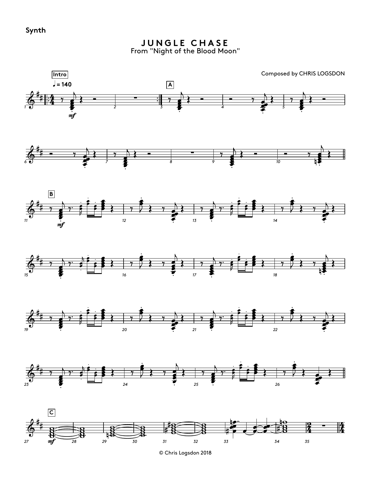 Chris Logsdon Jungle Chase (from Night of the Blood Moon) - Synthesizer sheet music notes and chords arranged for Performance Ensemble