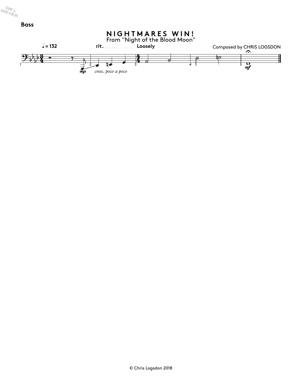 Chris Logsdon Nightmares Win! (from Night of the Blood Moon) - Bass sheet music notes and chords arranged for Performance Ensemble