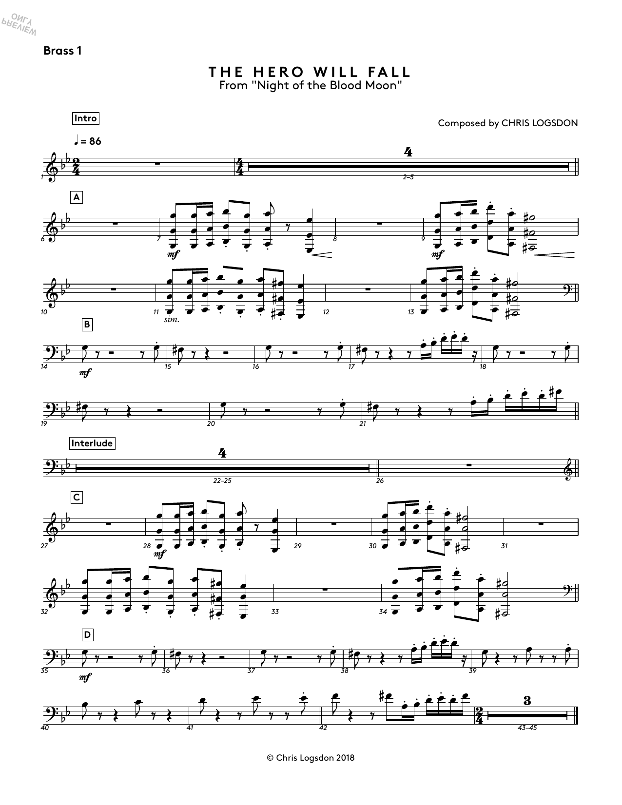 Chris Logsdon The Hero Will Fall (from Night of the Blood Moon) - Brass 1 sheet music notes and chords arranged for Performance Ensemble