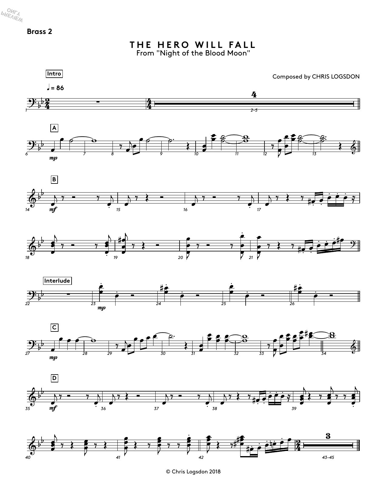 Chris Logsdon The Hero Will Fall (from Night of the Blood Moon) - Brass 2 sheet music notes and chords arranged for Performance Ensemble