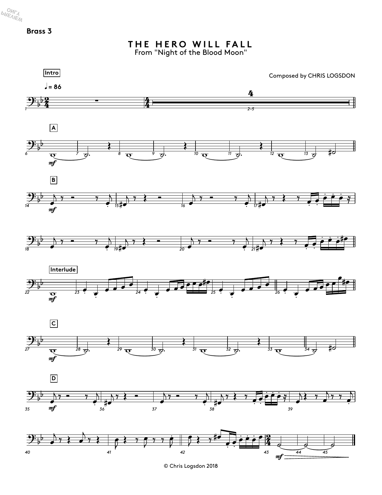 Chris Logsdon The Hero Will Fall (from Night of the Blood Moon) - Brass 3 sheet music notes and chords arranged for Performance Ensemble