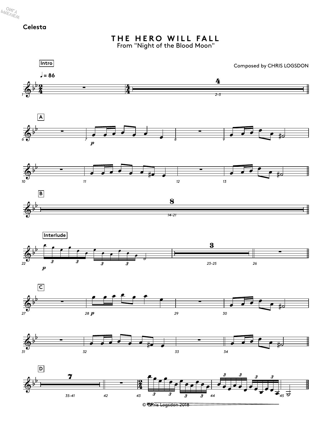 Chris Logsdon The Hero Will Fall (from Night of the Blood Moon) - Celesta sheet music notes and chords arranged for Performance Ensemble