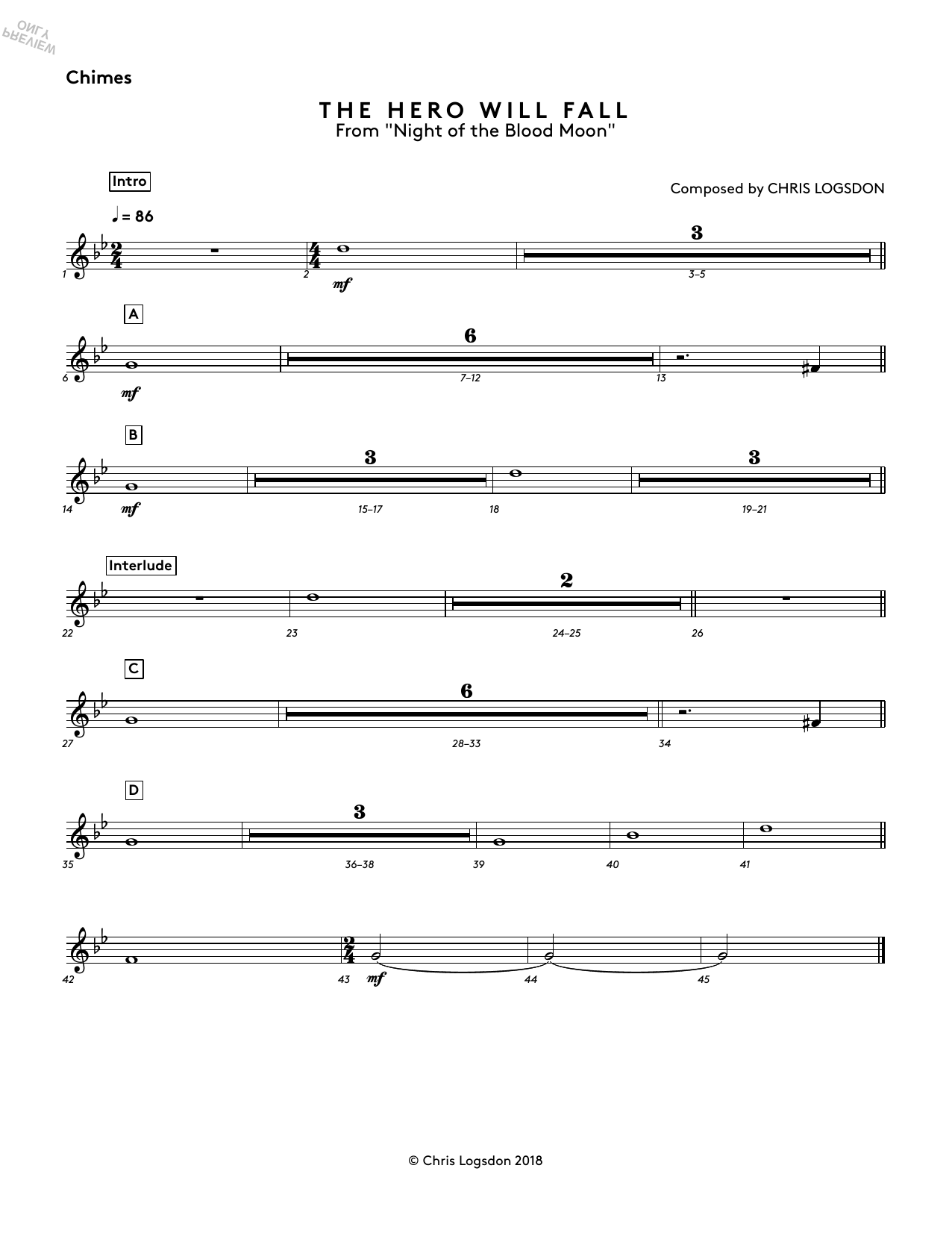 Chris Logsdon The Hero Will Fall (from Night of the Blood Moon) - Chimes sheet music notes and chords arranged for Performance Ensemble